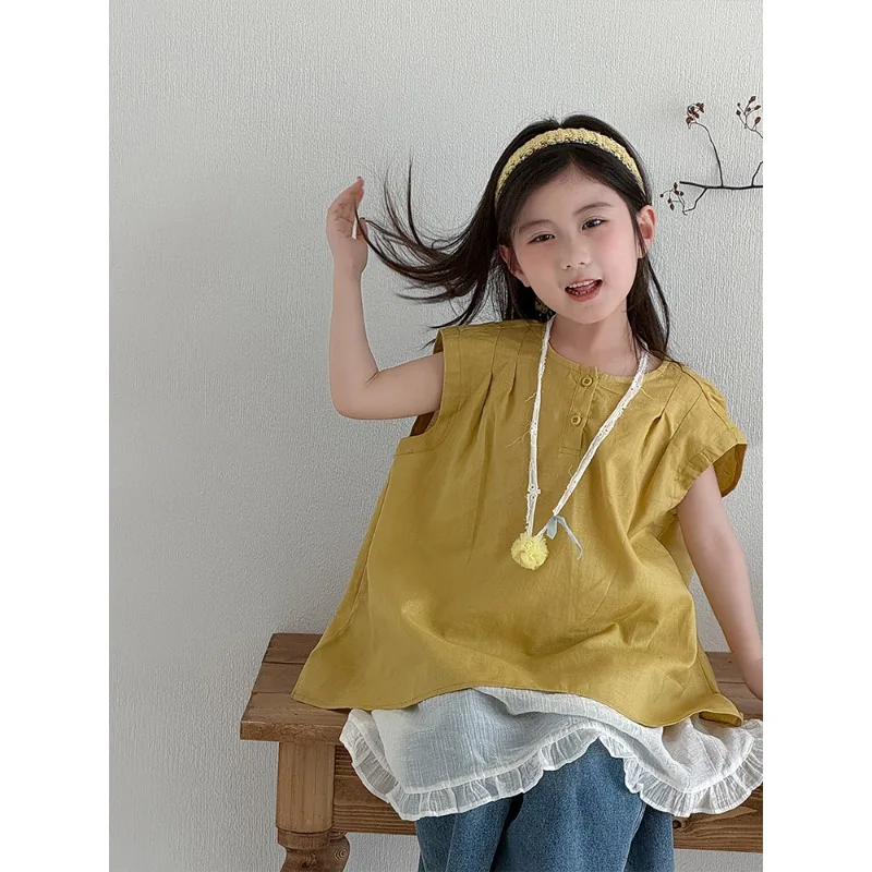 Girls' Korean style simple sleeveless top, 2026 spring and summer stylish versatile fart curtain, fringed denim wide leg pants