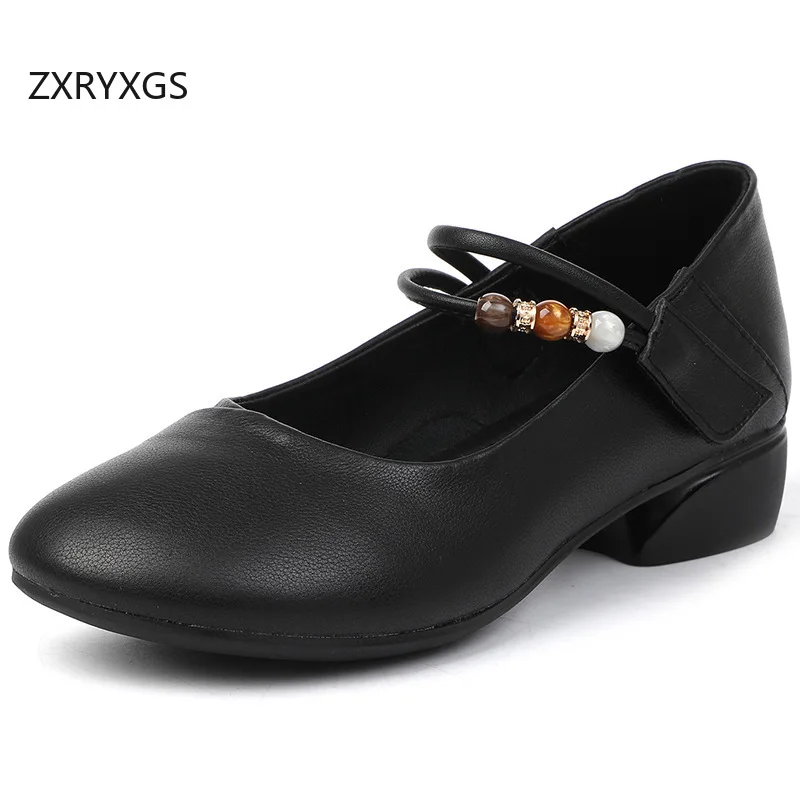 

ZXRYXGS 2026 New Fashion Spring Round Toe Top Layer Cowhide Leather Shoes Women Thick Low Heel Shoe Office Work Banquet Shoes