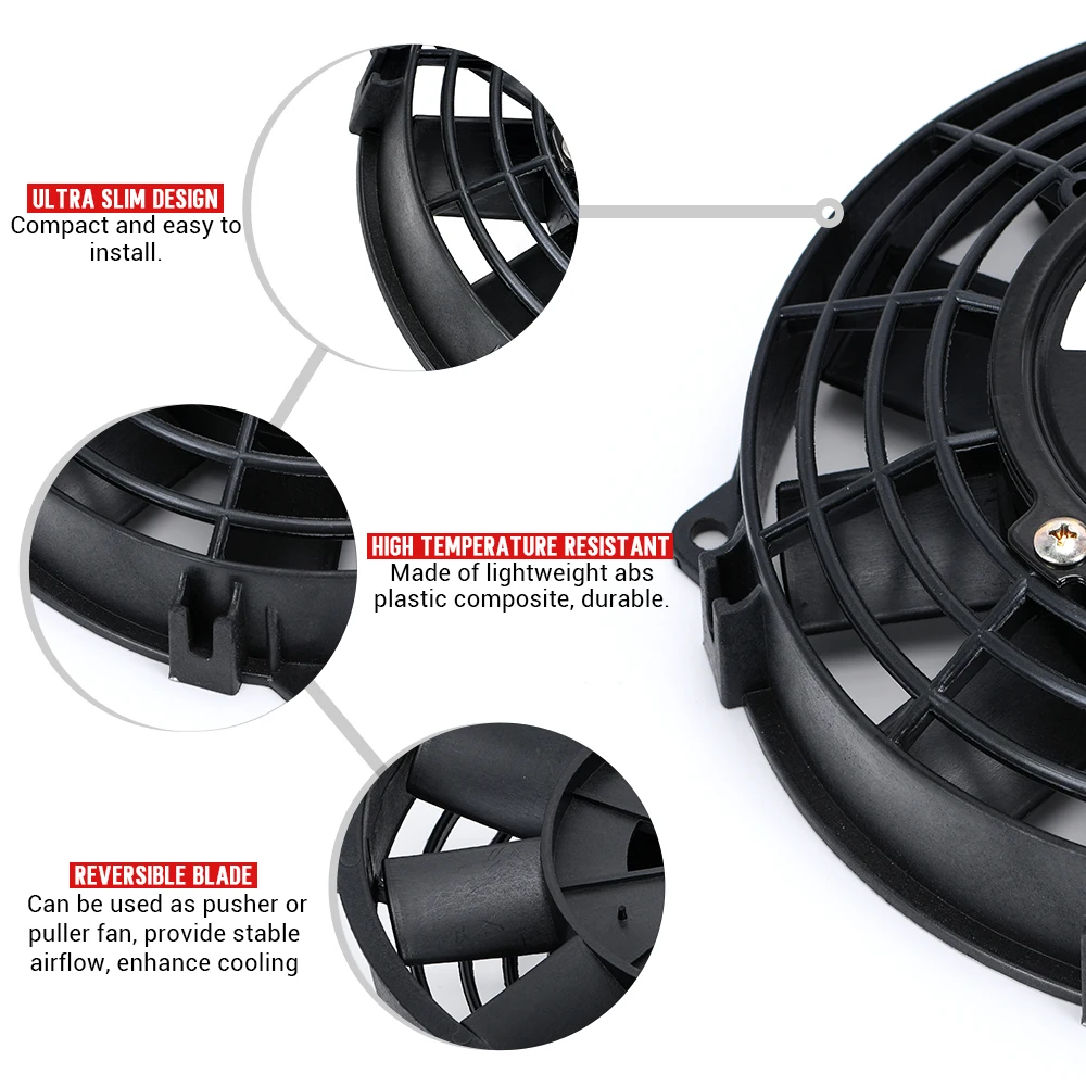 7 9 10 12 13 14 Inch Universal 12V 80W Slim Reversible Black Blade Electric Cooling Radiator Auto Fan Mounting Kit