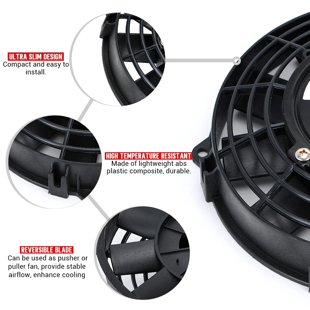 7 9 10 12 13 14 인치 유니버셜 12V 80W 슬림 가역 블랙 블레이드 전기 냉각 라디에이터 자동 팬 장착 키트