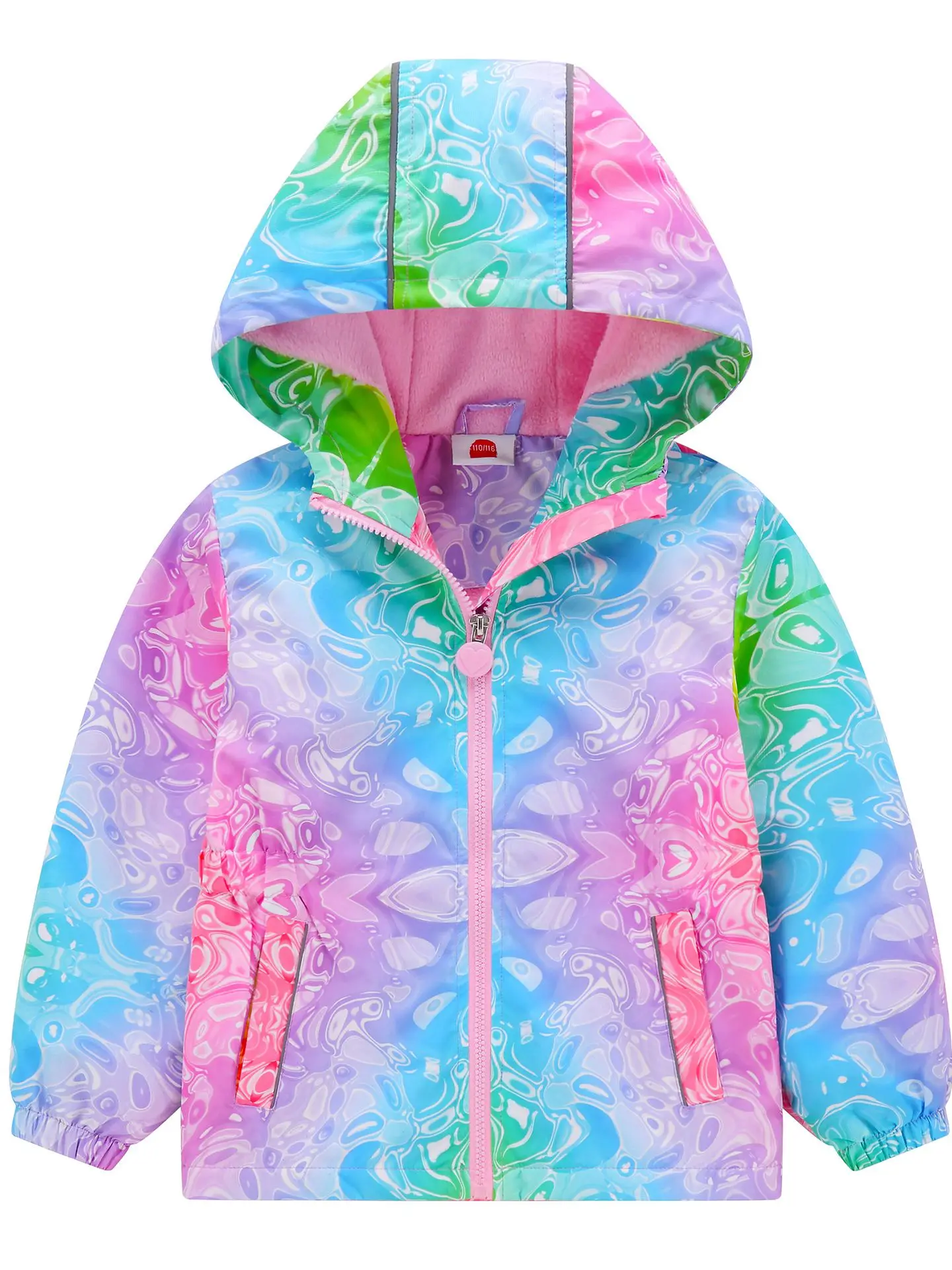 Girl\'s Jersey Windproof & Waterproof Thermal Warm Hoodie Jacket, Full Print & Reflective Details Outdoor Windbreaker Rain Coats