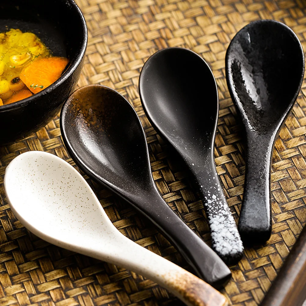 Cucharas de sopa de cerámica de estilo japonés, cuchara multifunción de uso diario para Ramen Pho Wonton, vajilla elegante portátil para cocina, 5 uds.