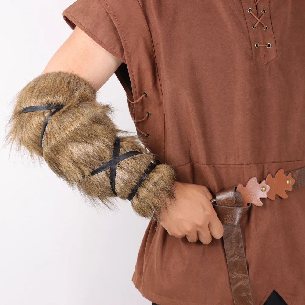 2PC Medieval Viking Arm Guard - Retro style faux fur and faux leather wristband, suitable for Halloween costume accessories