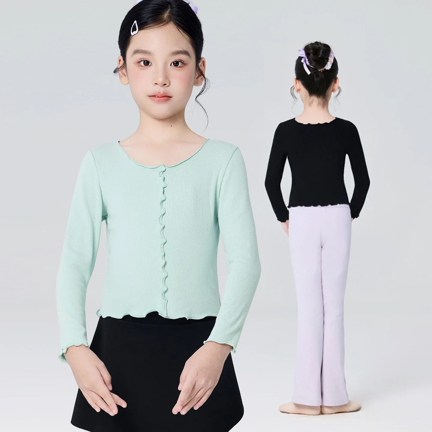 Kid Girls Ballet Tops Soft Winter Dance Costumes Ruffled Collar Long Sleeves Blousers Children Casual Tee Sweet Shirts