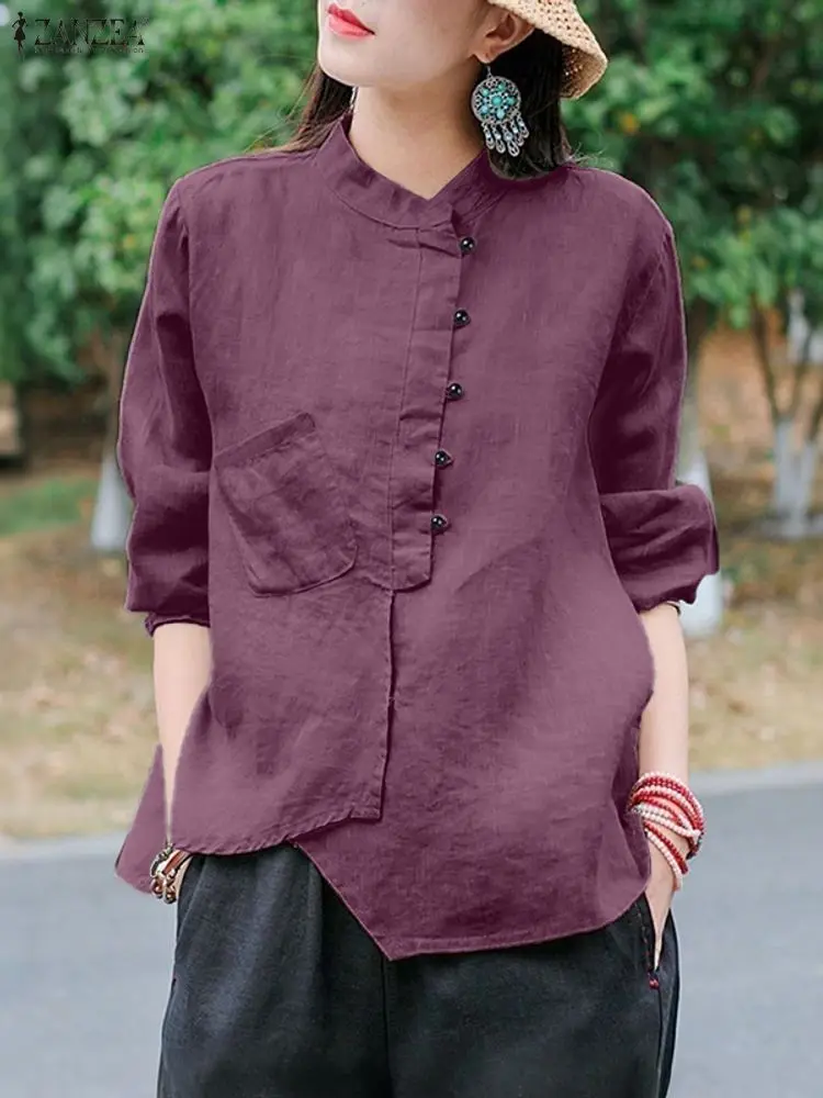 2025ZANZEA Mode Frauen Herbst Langarm Bluse Casual Solide Tasten Hemd Elegante Stehkragen OL Arbeit Tops Unregelmäßige Shirts