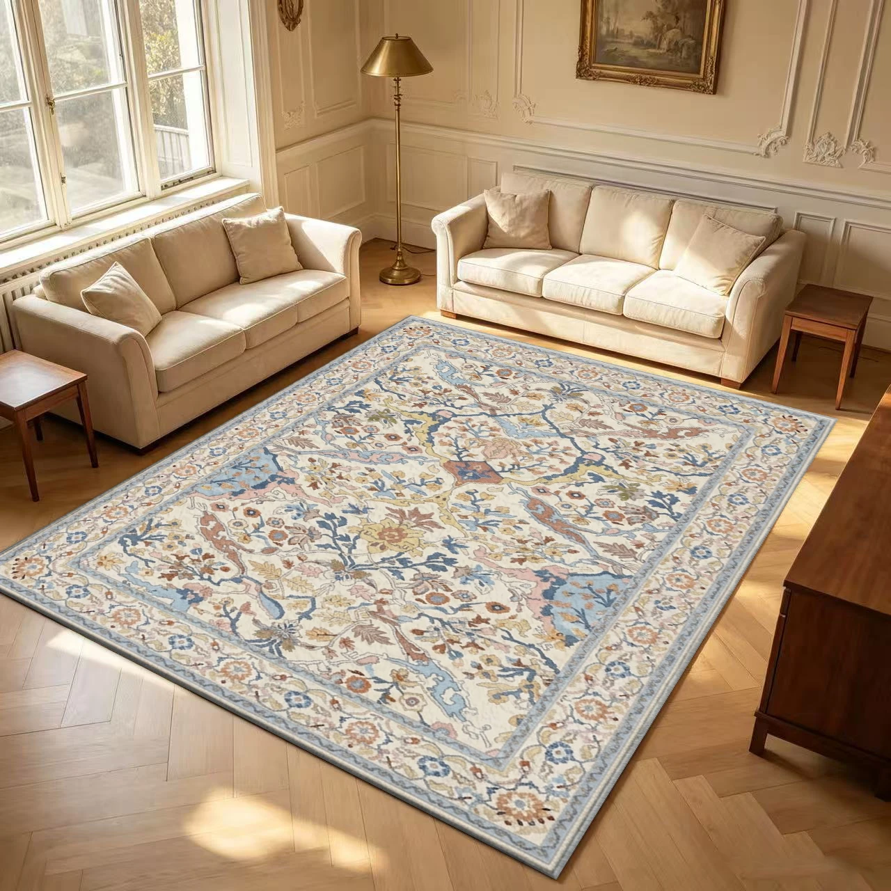 Vintage Cream Color Oriental Persian Floral Carpet Soft and Gentle Mosaic Pattern Non-Slip Washable Floor Rug Home Decoration