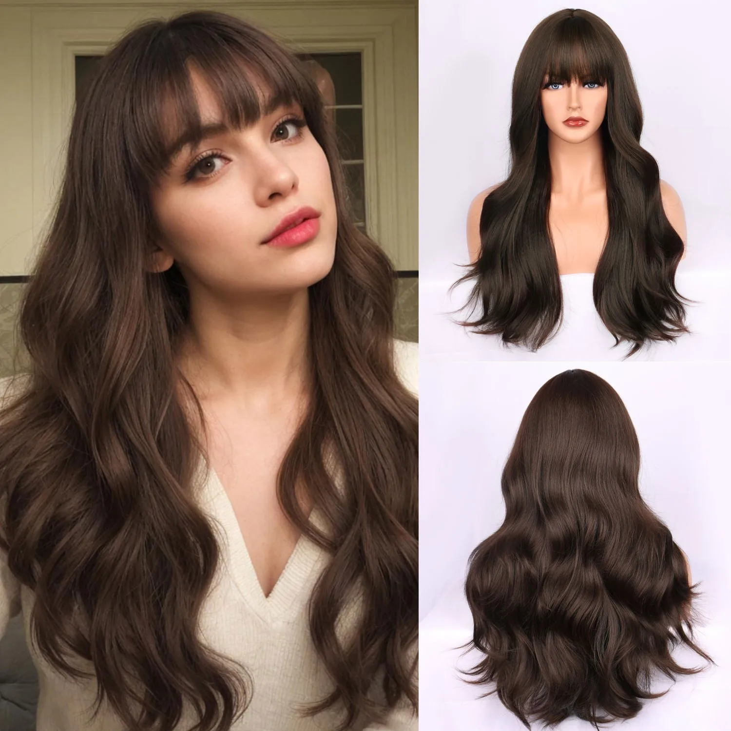 

Female Brown Natural Big Wave Bangs Long Curly Hair Wig Full Headgear