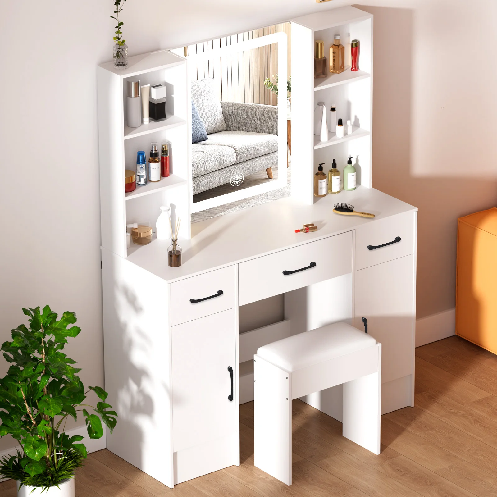 

Белый современный большой туалетный столик с LED-зеркалом, 5 ящиками и табуретом, 3 цвета, регулируемая подсветка, простая сборка, для спальни