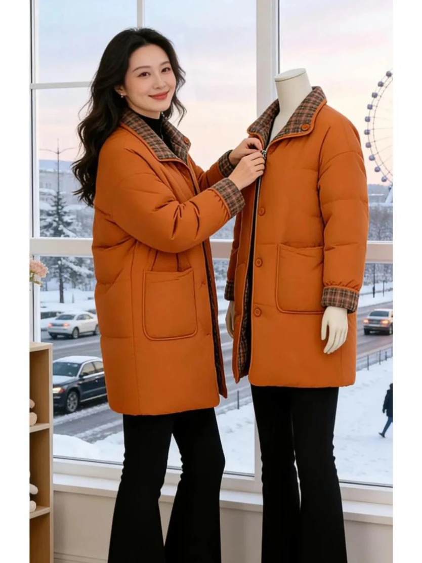 

Утепленное хлопковое пальто женское двустороннее, средней длины, теплое, для повседневной носки, в корейском стиле, свободного кроя, с длинными рукавами, зимнее