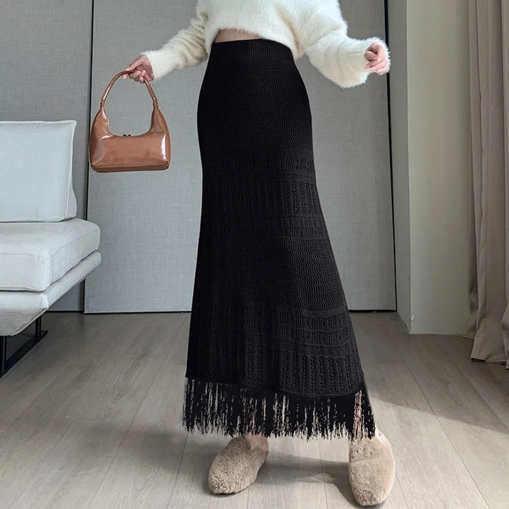 

Casual Long Knitted Skirt Skirt Apricot High Waist Long Skirt A Line Design Casual Style Daily Use Regular Length