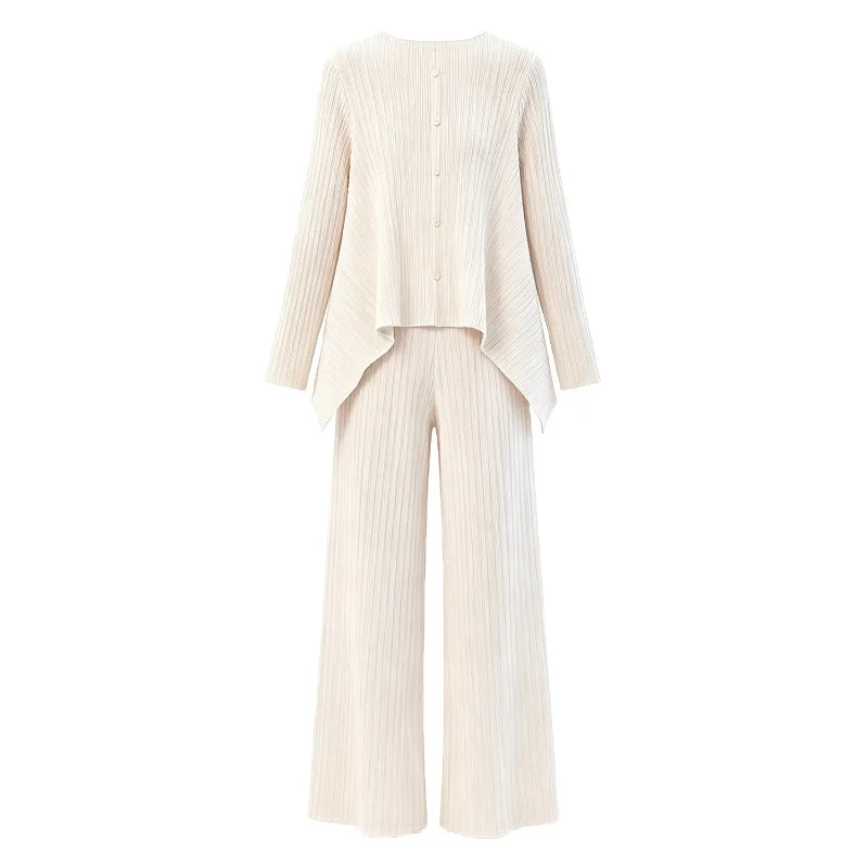 Miyake Pleated 2026 New Pink Pleated Set for Women Loose Cardigan High-Waisted Wide-Leg Pants Commuting Style Two-Piece Set