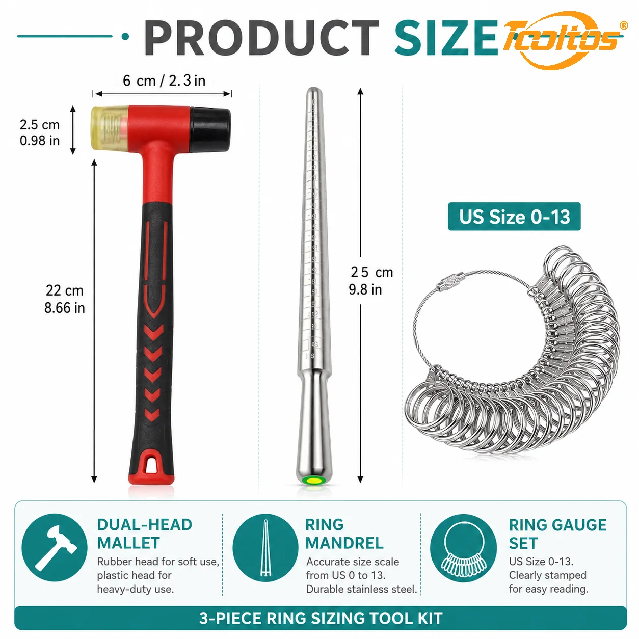 TOOLTOS 3PCS Ring Sizing Tool Kit US 0-13 Ring Mandrel Finger Gauge Set Dual Head Mallet for Jewelry Making Repair Reshaping