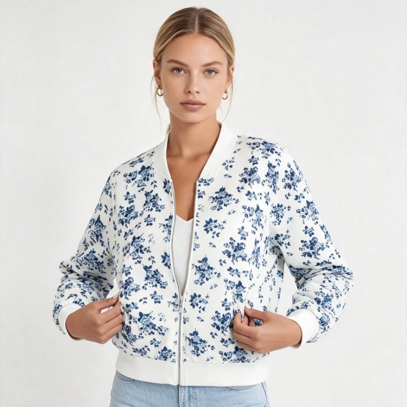 Women Floral Print Zip Up Bomber Jacket Long Sleeve Stand Collar Casual Short Outerwear Lightweight Baseball Coat