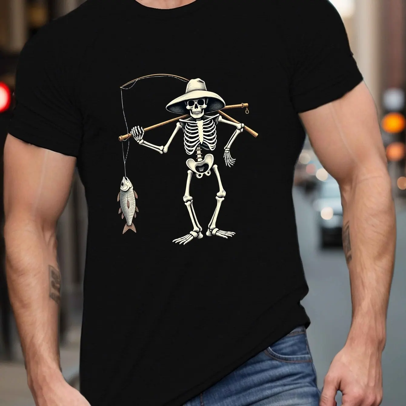 Men Casual Dark Gray T-Shirt with Skeleton Fishing Graphic - Short Sleeve Polyester Machine Washable Summer Tee