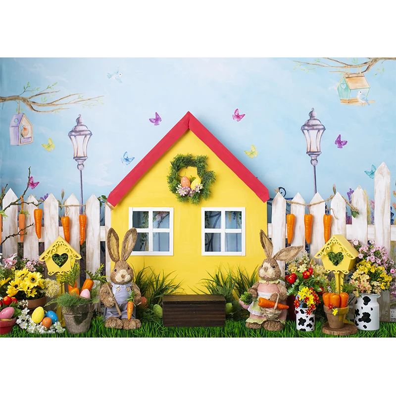 บ้านต้นไม้ในป่าอีสเตอร์ตุ๊กตารถบัสกระต่ายฉากหลังถ่ายภาพพื้นหลังสำหรับไปปิกนิกดอกไม้พื้นหลังสำหรับถ่ายภาพบุคคลในสตูดิโอถ่ายภาพ