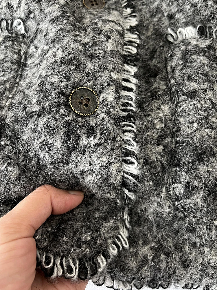 Francês em torno do pescoço jaqueta feminina cinza todos os jogos casacos de lã inverno solto moda rua casaco grosso