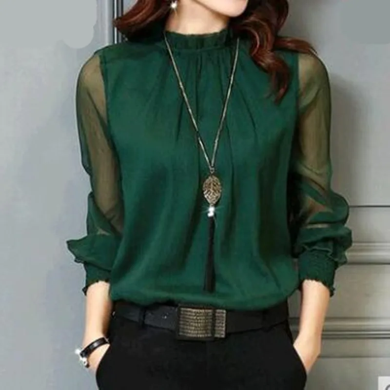 

2025 Spring and Summer New Lace Chiffon Shirt Large Size Women's Wear Mesh Ruffle Edge Long Sleeve Bottom Shirt Top Shirt