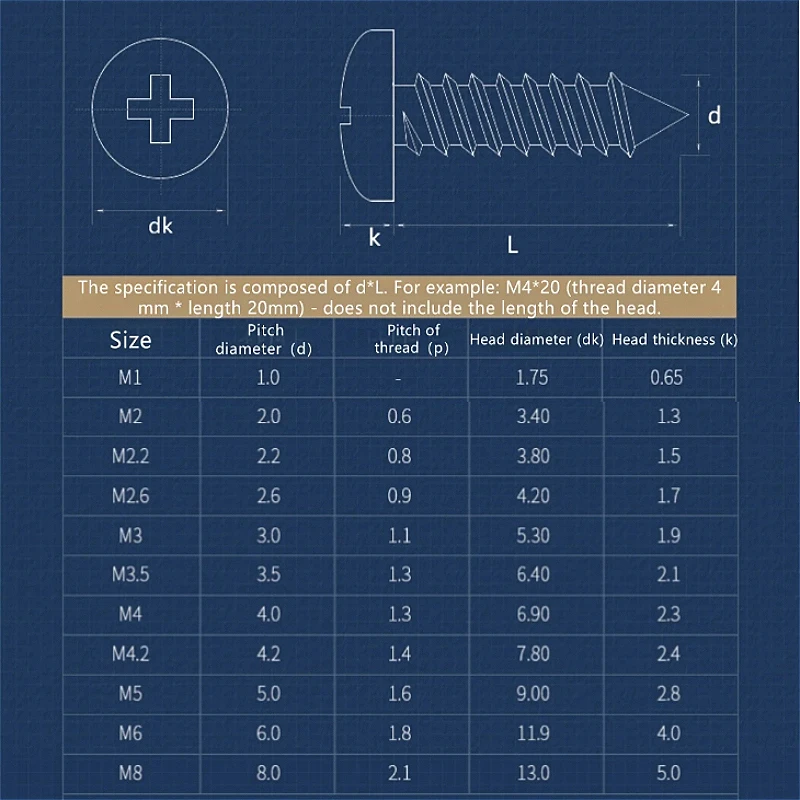 316 Stainless Steel M2 M2.2 M2.6 M3 M3.5 M4 M5 M6 Cross Phillips Pan Round Mushroom Head Self-Tapping Screws Bolts