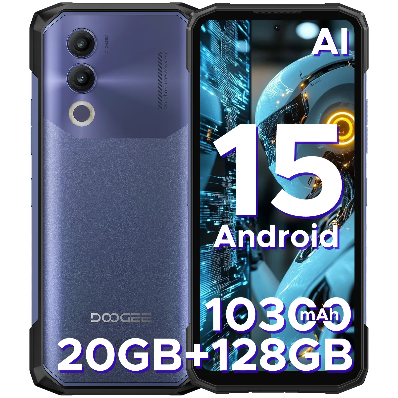 DOOGEE Blade20 Rugged Phone 6.6'' Screen 10300mAh Battery 20GB(4+16)+128GB Android 15 16MP AI Camera Gemini AI NFC Smartphone