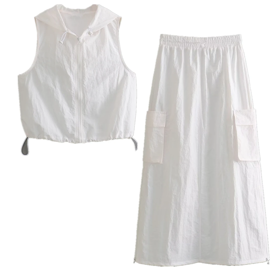 

Dave&Di French Fashion Elegant Hooded Tank Top White Casual A-line Midi Skirt Set Women