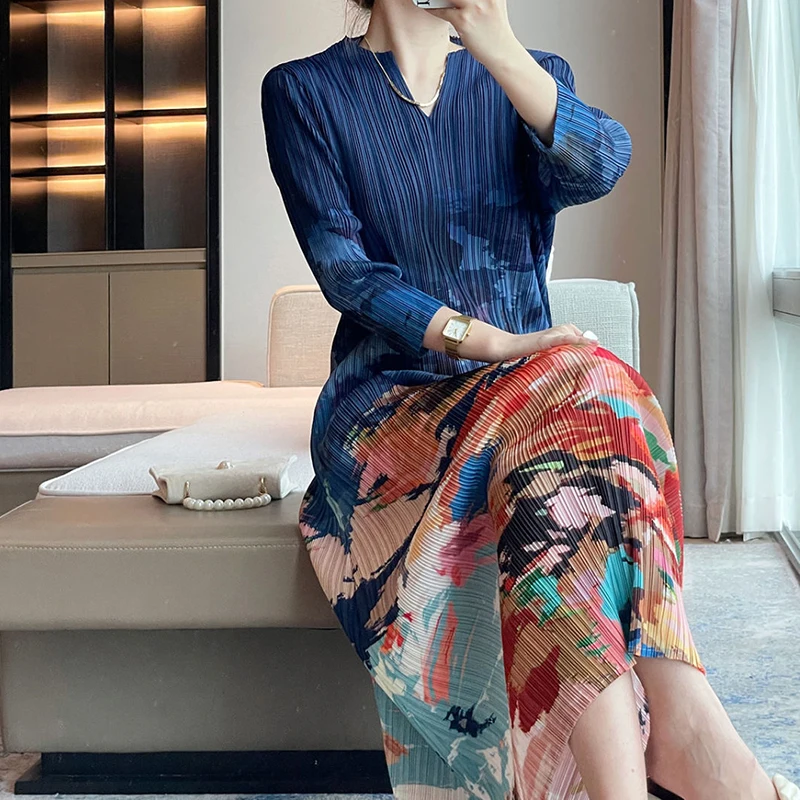 Wrinkle 2024 Autumn New French Oil Painting Print Design Dress Women's Elegant Slim Fit Long Dress LOOSE