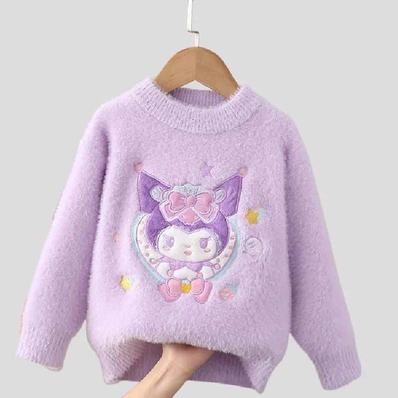 Hot Sanrio Embroidery Kuromi Sweater Hello Kitty Girl Winter Knitted Sweater Kawaii Children Tops with Velvet Cartoon Gift New