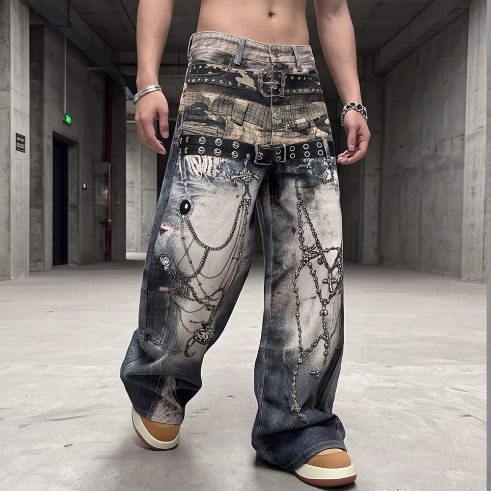 Men's Baggy Print Jeans Y2K Hip Hop Streetwear Belt Chain Painted Denim Pants Punk Designer Loose Fit Wide Leg Stacked Trousers