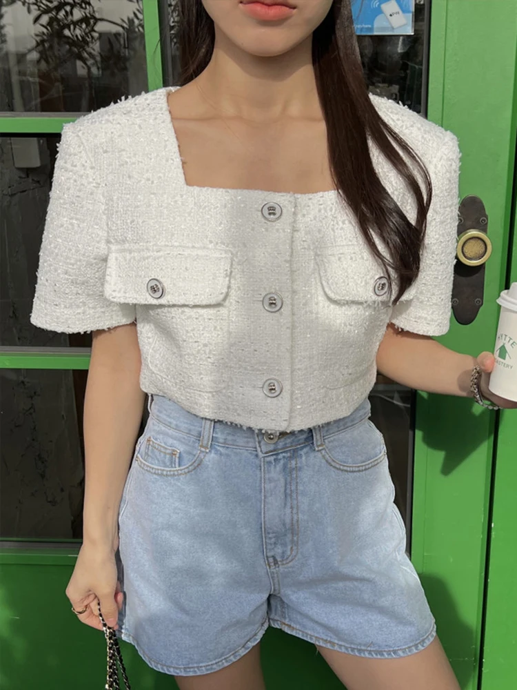 Korea Temperament Short Sleeve Cardigan Women Clothes Crop Tweed Coat Chic Tops Summer Elegant Square Collar Casual Sweet Jacket