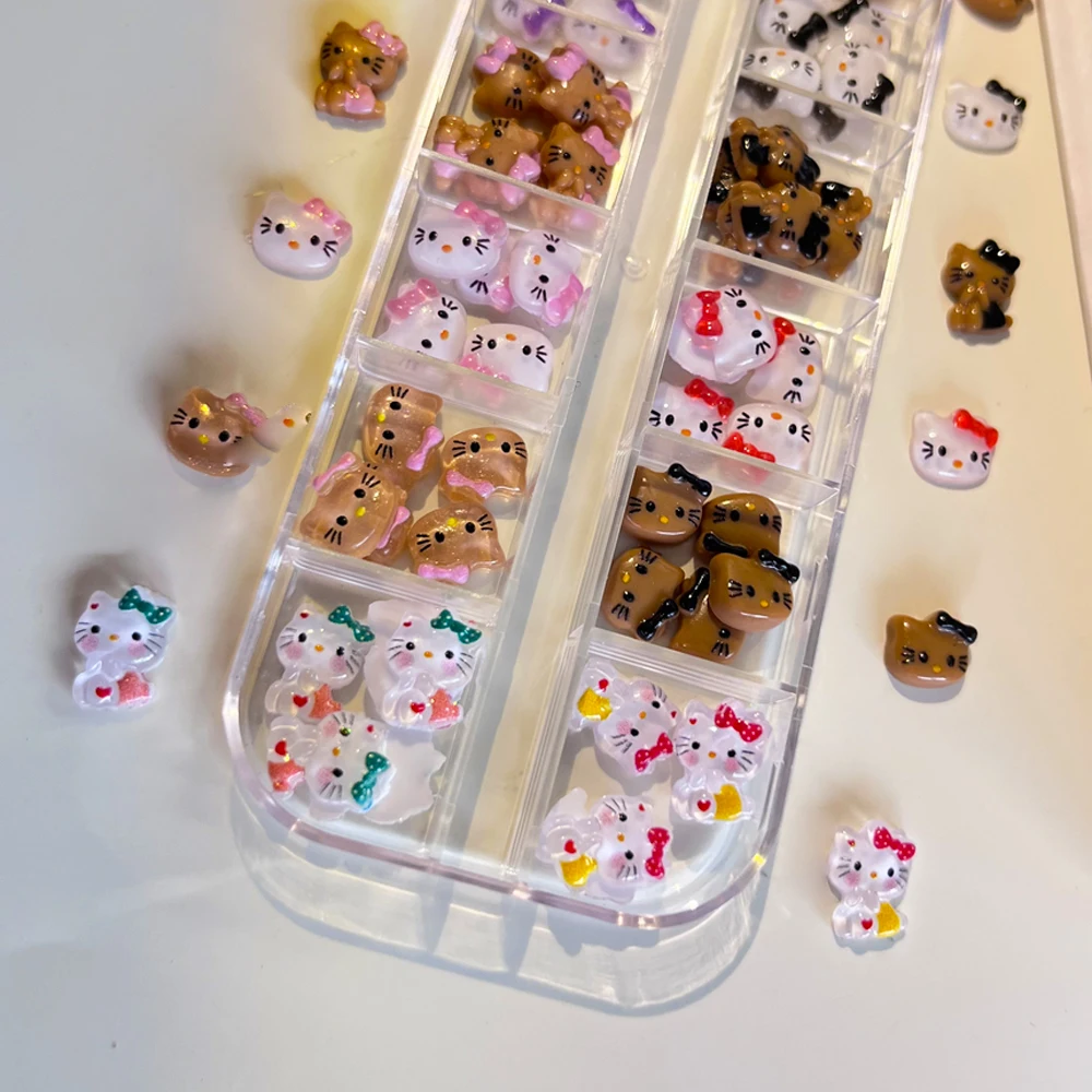 12グリッド 3D漫画 ハローキティ ネイルアートチャーム 可愛いブラウン/タンニングキティヘッド ネイル用品 グリッターピンク KTボウデザイン ネイルデコ