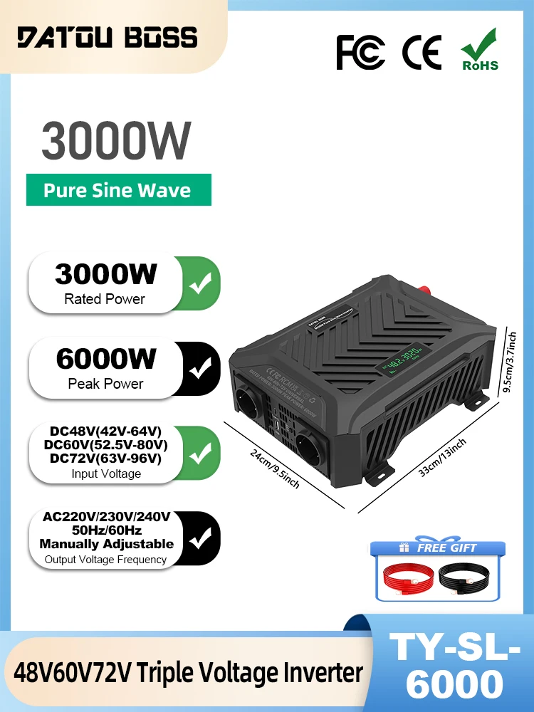 DATOUBOSS 48V 60V 72V Inwerter Trójfalowy o Trójnym Napięciu, Moc Ciągła 3000W, Regulowana Częstotliwość 50Hz/60Hz, Inwerter Samochodowy z Czystą Sinusoidą — 2