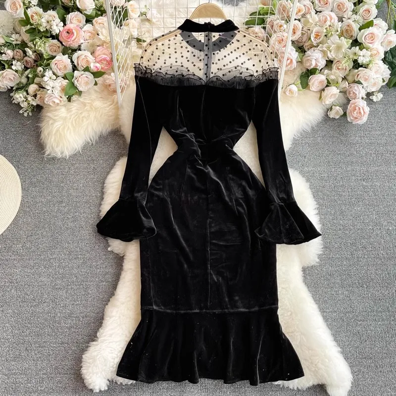 Vintage Elegant Velvet Dress Women Spring Summer Long Sleeve Mesh Patchwork Midi Dresses Party Black Vestidos