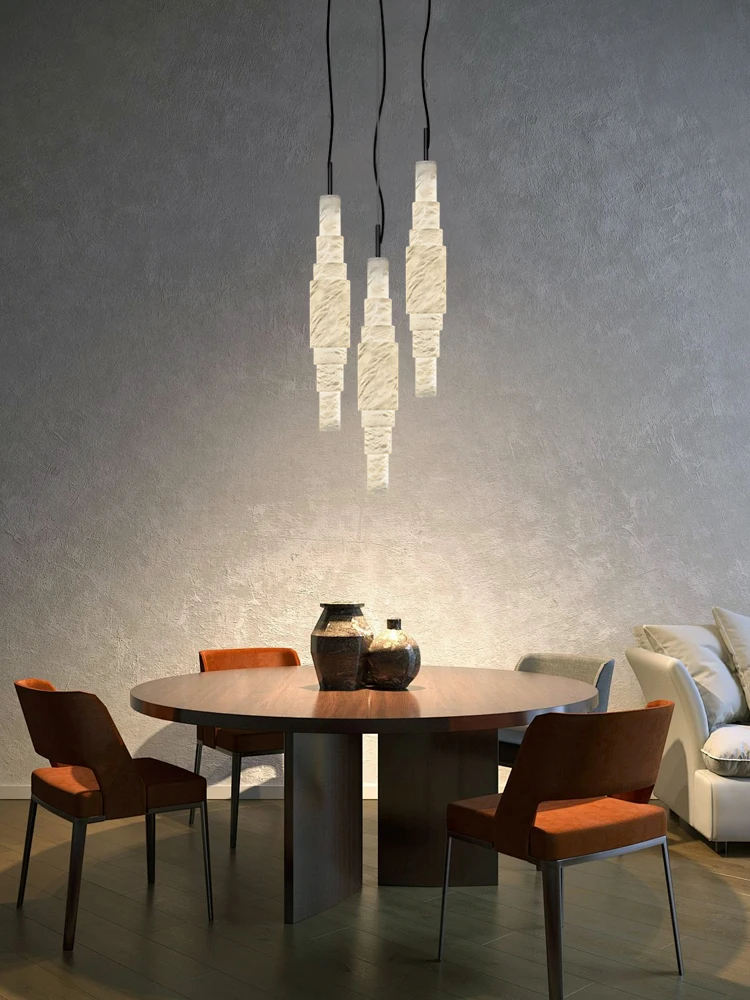 2026 Trendy Luxury Veined Marble Dimmable Led Chandelier Hand-carved Natural Alabaster Pendant Light For Staricare Living Room