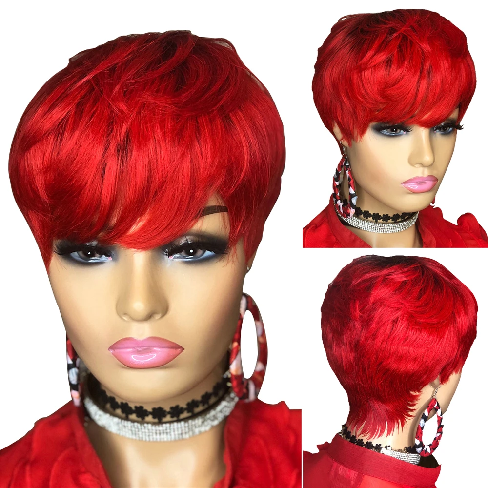 

Short Human Hair Wigs Pixie Cut Straight Red Color Brazilian Hair for Black Women Full Machine Made short hair wigs Cheap Wig