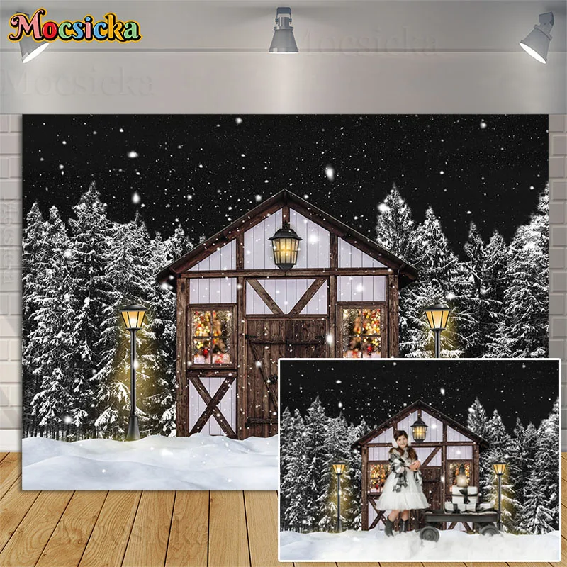 

Modern Christmas Barn Photography Background Night Xmas Tree Forest Winter Snow Decor Kids Family Portrait Backdrop Photo Studio