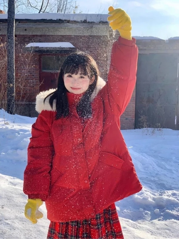 

Large Size 300 Pou Hooded Cotton Jaet Men's Winter Warmth Insulation Red Bread Sle Coat with Big Fur Collar