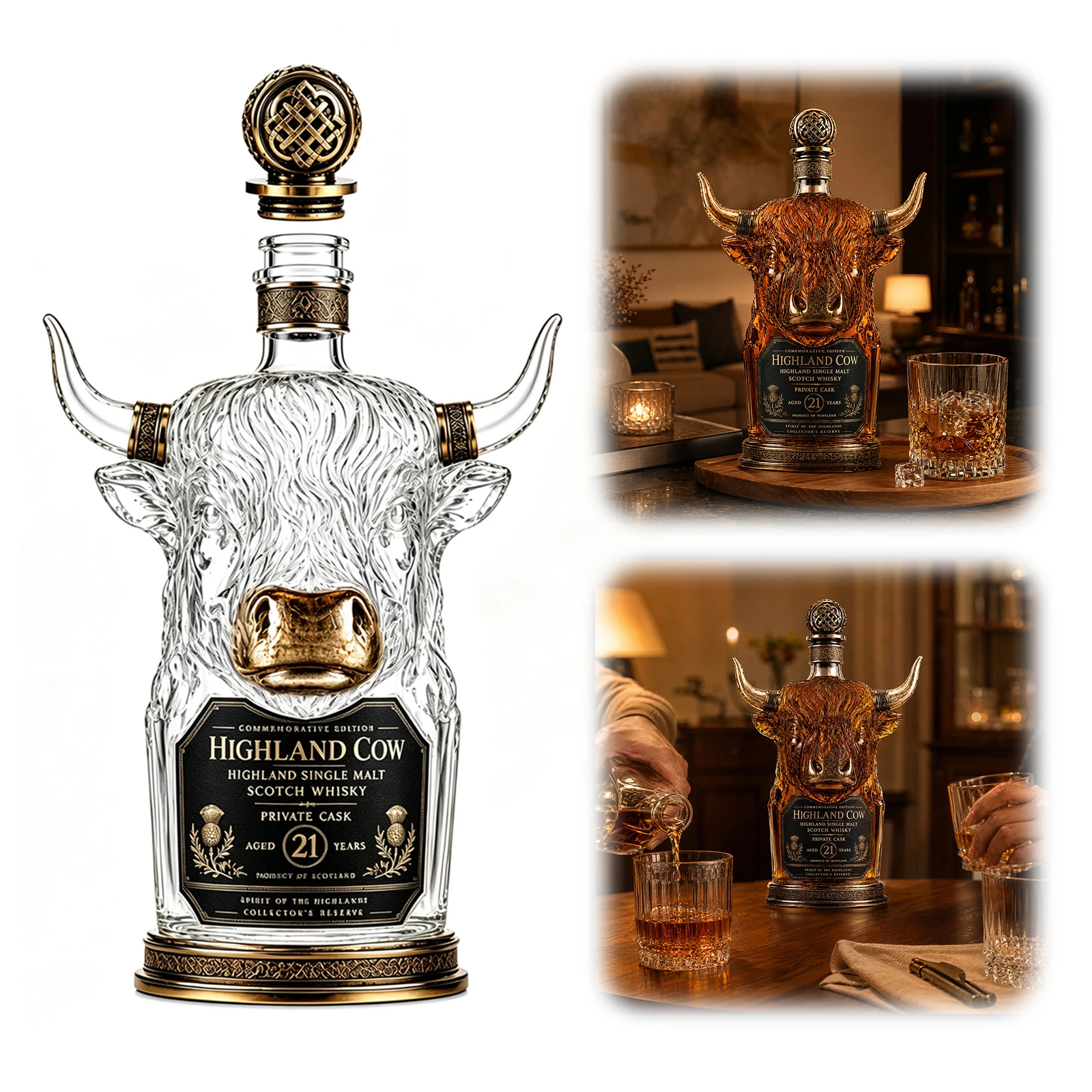 Novelty Glass Highland Cow Whisky Bottle Desktop Ornament Decanter Bar Sculpture Figurine