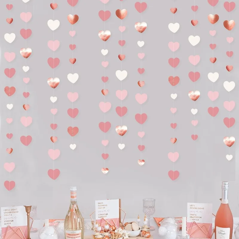 Guirnaldas de papel de corazón rosa para fiesta, decoraciones de oro rosa para el Día de San Valentín, aniversario, suministros de fiesta de boda