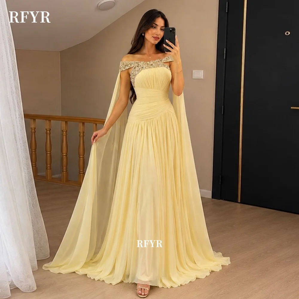 RFYR A Line Prom Dress with Beads Chiffon Party Dress with Pleats Off Shoulder Evening Dress for Arabic Women Customized