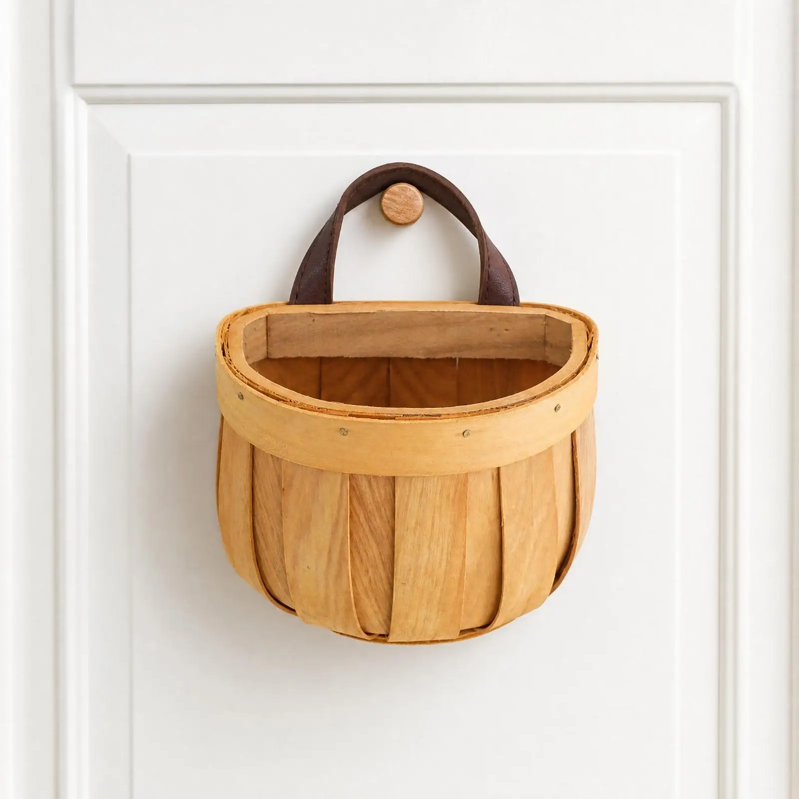 Pumpkin-Shaped Wooden Wall Basket Multifunctional Wall Basket with Leather Hanging Handle for Kitchen, Entryway, Dorm Room