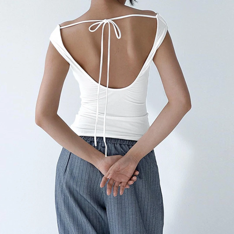 Camis and Tanks Women Sleeveless Swing Collar Backless Tie Back Ruched Top Summer Ladies Daily Outfit