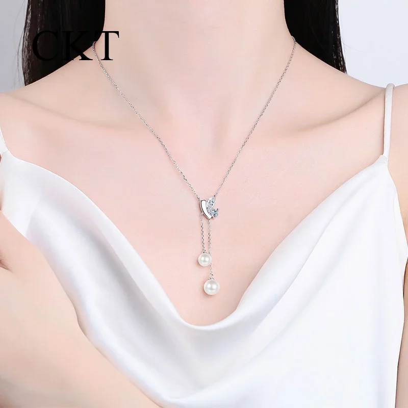 18K White gold Original Pearl Necklace Moissanite Pendant for Women of Luxury Platinum Pt950 Tassel Collarbone Chain Jewelry