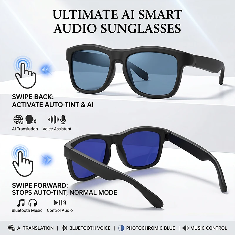 AI Translation Smart Touch Automatic Photochromic Sunglasses Women Men Bluetooth Voice Assistant Control Music Audio Glasses