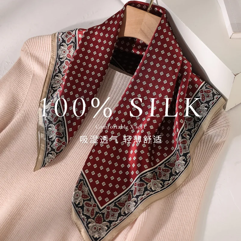 Image of 100% Seidenschal Bedruckter Hijab Haarband Luxus-Bandana Damen-Schals Schleifenband Kopftuch Designer-Haarschal Foulards