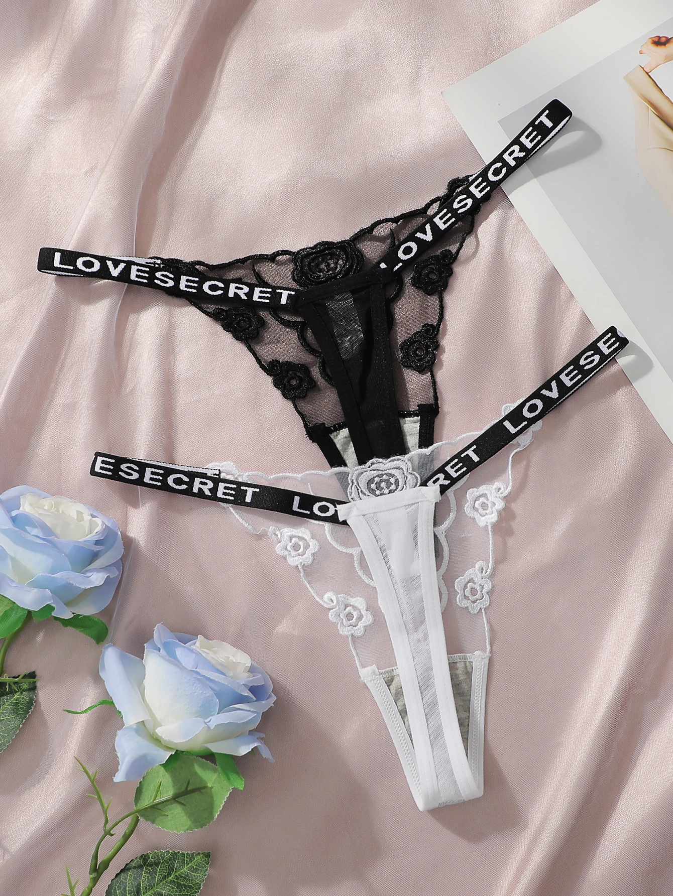 2 stücke Damen Neue Spitze Sexy Schwarz Und Weiß Gestickte Blume Drucken Sexy Set Tanga Unterwäsche C2648 – Detail 14