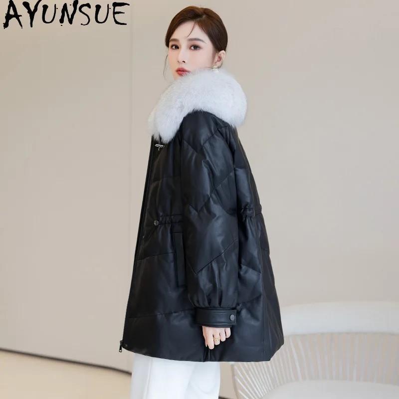 AYUNSUE Schaffell Echtes Leder Jacke Frauen Warme Fuchs Pelz Kragen Winter Kleidung Mid-länge Weiße Ente Unten Mantel Frauen mäntel