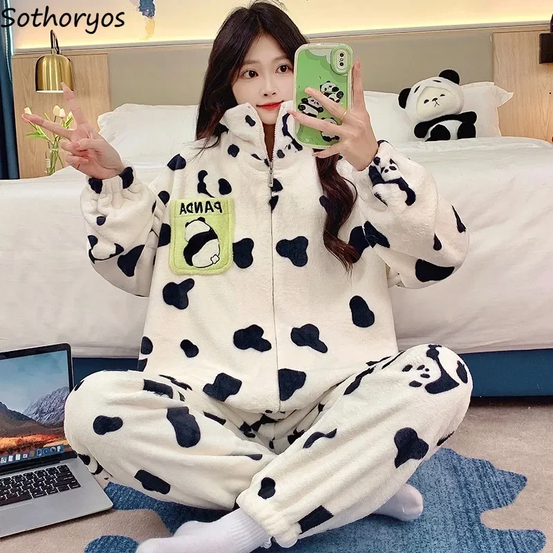 

Pajamas Sets for Women Cartoon Cozy Trendy Winter Flannel Zipper Turn-down Collar Long Sleeve Trousers Korean Style Homewear