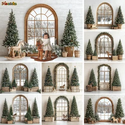 Christmas Baby Show Background Arch Window Xmas Tree Toys Wooden Horse White Backdrop Winter Newborn 1st Birthday Photo Studio