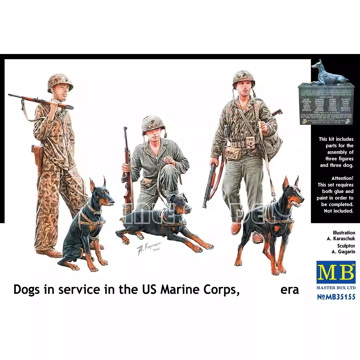 

Пластиковый сборный модельный набор Master Box MB35155: Собаки, служащие в Корпусе морской пехоты США, эпоха Второй мировой войны, масштаб 1/35
