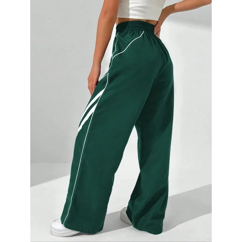 Damskie spodnie plus size, codzienne, z wysokim stanem, wyszczuplające, elastyczne w pasie, z bocznymi szwami, z białym wykończeniem, luźne, do noszenia na zewnątrz, rekreacyjne, sportowe, długie.