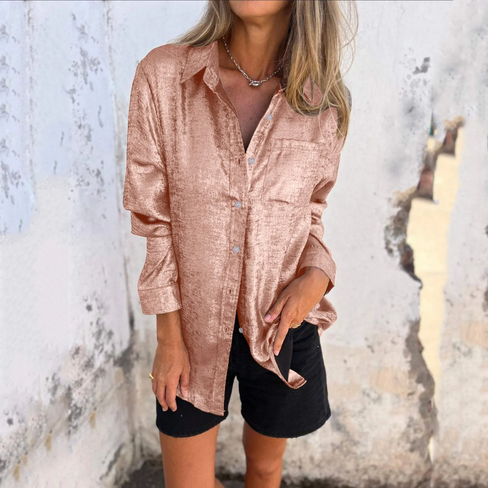 

Women's Fashion Long Sleeve Pocket Button Shirt 2024 Spring New Solid Color Casual Popular Blouse Lapel Collar Loose Tops